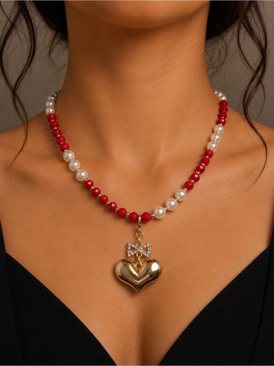 Handmade Jewelry - Pearl & Red Bead Necklace with Gold Heart Pendant